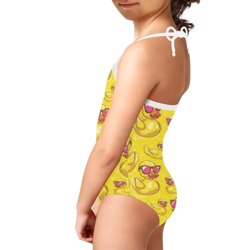 Image of KiuLoam Orange Pink Tropical Leaf Girls One Piece Swimsuit Quick Dry Beach Swim Bathing Suit for 3-8 Years Little Girls