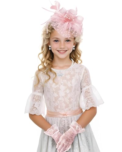 5Pcs Girls Tea Party Fascinators Hats Tea Party Headband and Lace Glove Set for Girls 1920s Party2