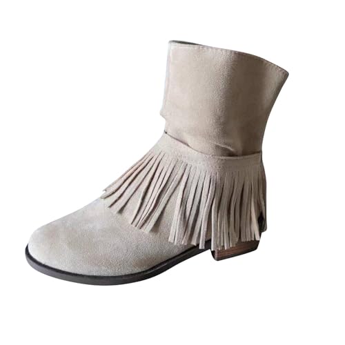 Women's Ankle Boots Tassel Block Heel Suede Beige Size 5.5