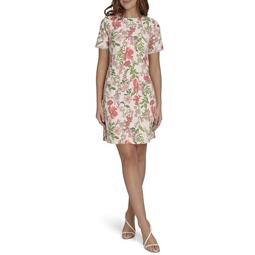 Image of Tommy Hilfiger Women's Pleated Trim Short Sleeve High Neck Shift Mini Dress