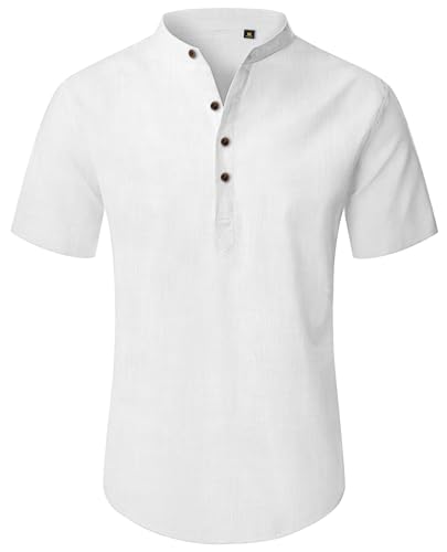 siliteelon Men’s Linen Shirts Short Sleeve Henley Shirts for Men Adult Summer Beach Regular Fit Casual Summer Shirt