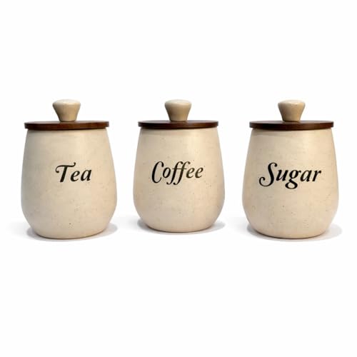 Image of Ceramic Tea Coffee Sugar Containers Set of 3 with Wooden Lids | Jar & Container for Kitchen Storage Set | Multi Utility Air Tight Kitchen Organizer Items (Hand-Painted, 410 ML)