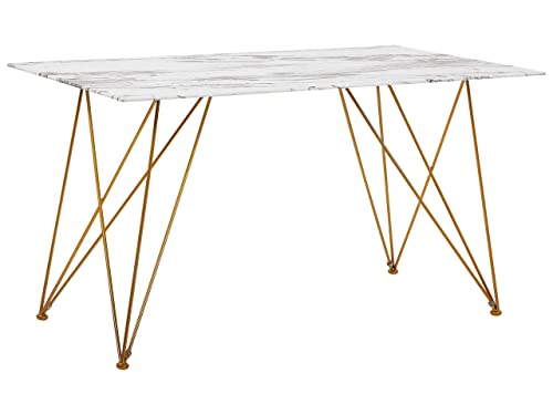 Mesa de comedor efecto mármol blanco con tapa de cristal templado dorado patas de metal 140 x 80 cm salón glam