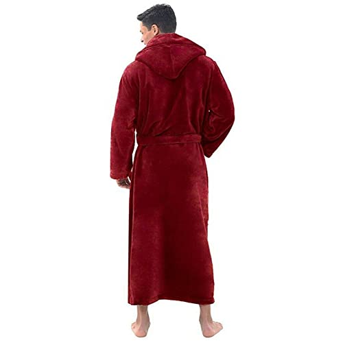 Mens Hooded Fleece Robe Plush Long Bathrobes Bath Robe for Men Red XL2
