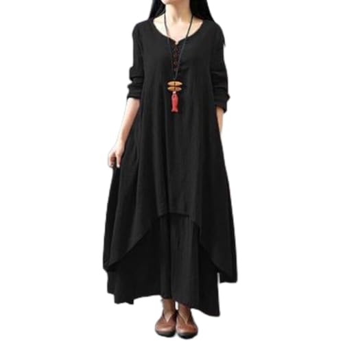 Böhmisches Lagenkleid für Damen aus Leinen, übergroßer Langarm-Stil, perfekt für den täglichen Gebrauch (XL Schwarz)