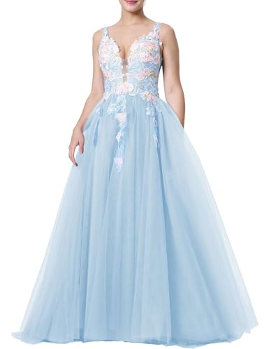 Tulle Prom Dresses V Neck Wedding Dresses Floral Embroidery Applique Quinceanera Dresses