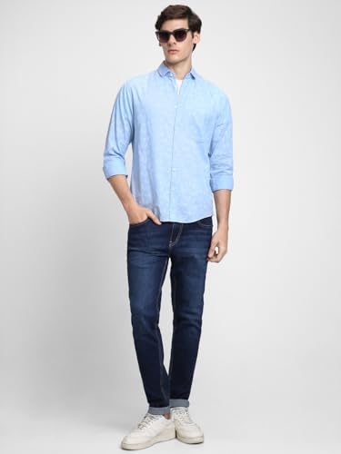 Image of Dennis Lingo Men's Cotton Blue Printed Slim Fit Button-Down Full Sleeves Casual Shirt