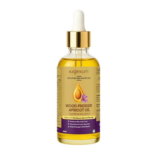 Image of Wood Pressed Apricot Oil with Saffron Infused - Cold Pressed Khubani /Khurmani | Pure Natural for Hair Growth, Glowing Skin, Face & Body Care (100 ml | Saffron Infused | Dropper)