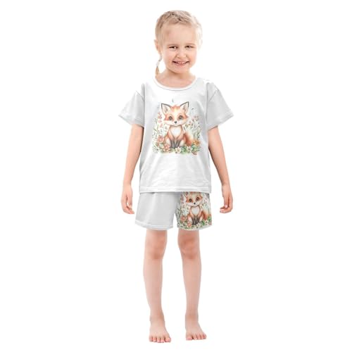 Fox Floral White Pajama Set Short Sleeve Pajamas Shorts Sets Cotton Soft Loungewear Sleepwear 5Y3
