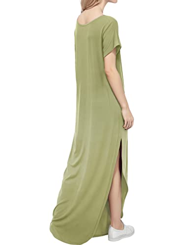Image of Match Women's V-Neck Casual Loose Short Sleeve Long T-Shirt Dress Split Maxi Dress with Side Pocket