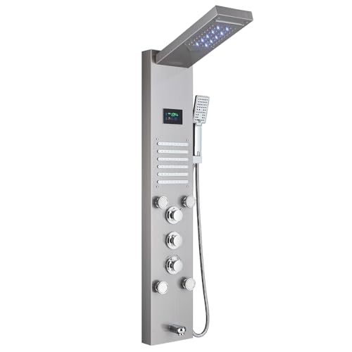 Saeuwtowy Duschpaneel LED Edelstahl Multifunktion Duschpaneel mit 5 Funktion Hydromassage aus Edelstahl mit 4 großen Massagedüsen und 12 Massage-Mikrodüsen Gebürsteter Nickel Saeuwtowy Duschpaneel LED Edelstahl Multifunktion Duschpaneel mit 5 Funktion Hydromassage aus Edelstahl mit 4 großen Massagedüsen und 12 Massage-Mikrodüsen Gebürsteter Nickel
