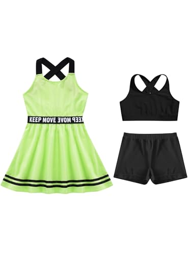 3pcs Kids Sports Outfits Girl Athletic Tenins Dress With Racerback Sport Bras And Shorts Set Workout Exercise Fluorescent Green 8 Years3