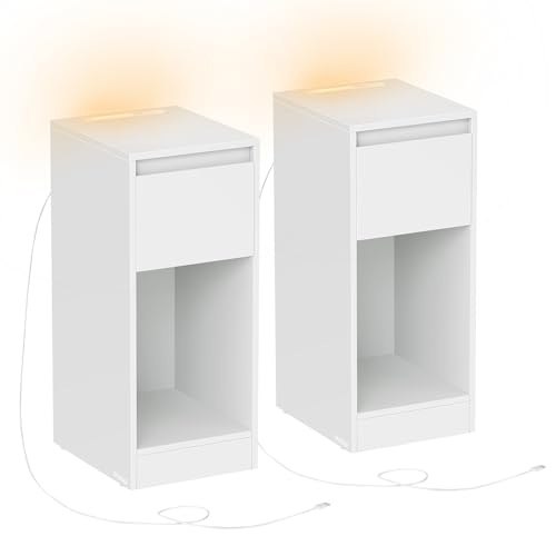 VASAGLE Comodino sottile con stazione di ricarica e luce LED, set di 2 tavolini laterali stretti, porte USB, cassetto e scomparto aperto, per camera da letto, soggiorno, bianco nuvola LET710W01