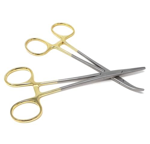 Premium German Stainless- Set of 2 PCS Gold Handle Mosquito Locking HEMOSTAT Forceps Straight + Curved 5