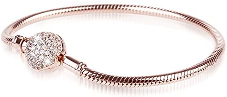 GNOCE Charm Bracelet Sterling Silver Rose Gold Plated DIY Snake Chain"Endearing Gifts For Her" Basic Charm Bracelet Dainty Bangle with Crystal Round Shape Clasp