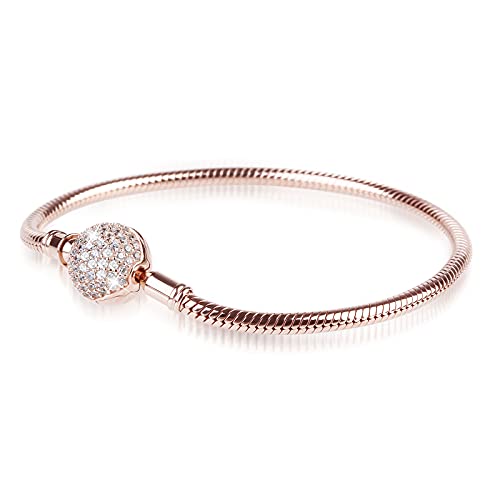 Gnoce Charm Bracelet Sterling Silver Rose Gold Plated Diy Snake Chain Endearing Gifts For Her Basic Charm Bracelet Dainty Bangle With Crystal Round Shape Clasp (2Rose Gold, 7.1) #TOP26