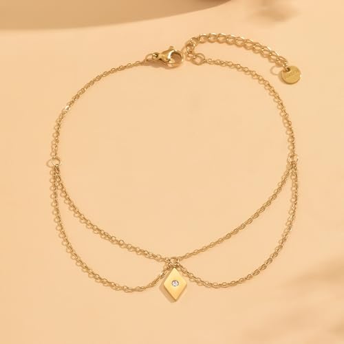 Image of Anklets for Women Dainty CZ Ankle Bracelet 18K Gold Plated Waterproof Boho Dot Star Moon Daisy Ocean Beaded Anklet Trendy Foot Jewelry