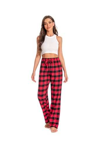 JTPW Women's 100% Cotton Flannel Sleep Pajama Pants with Pockets (Black RED Tartan, S)
