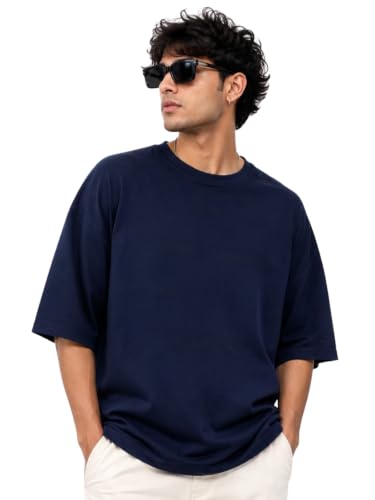 Image of Veirdo Oversized Baggy Fit Drop Shoulder Half Sleeves Round Neck Solid Pure 100% Cotton T-Shirt for Men (Available in White, Black, Mustard, Maroon, Green, Lilac, Navy, Red Color)