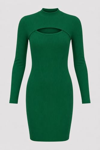 Image of Women's Ribbed Bodycon Mini Dress, Mock Neck, Long Sleeve, Cut-Out Detail, Black, Brown, Green