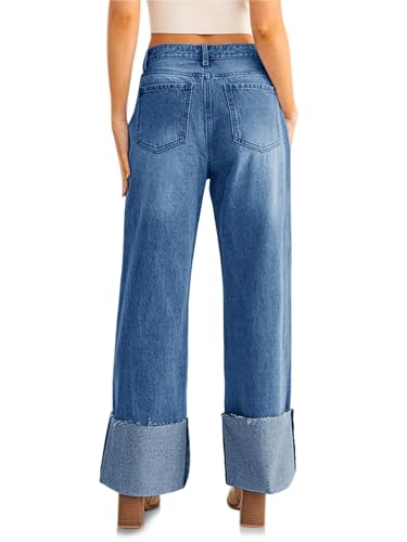 PLNOTME Womens Baggy Cuffed Jeans Casual Straight Leg Boyfriend Denim Pants with Pockets3