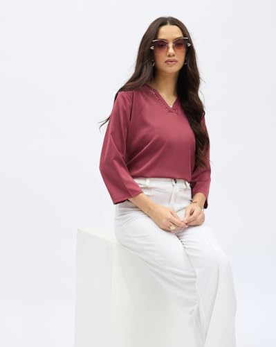 Image of SheWill Printed Top with Contrast Tipping - Stylish Ethnic & Western Tops for Women - Summer Travel Wear, Trendy Tops for Jeans, Lightweight & Comfortable Casual Wear