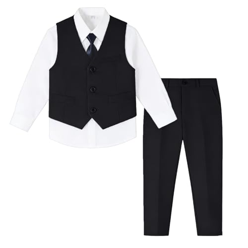 Image of Baby Boy Formal Suit for Toddler Infant Tuxedo Dress Suits | Little Gentleman, Wedding Ring Bearer Outfit, Vest Pants Long-Sleeve Shirt Tie, Birthday Party Christmas Prom, Classic