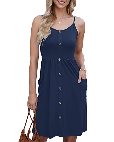 AUSELILY Vestidos Mujer Verano Vestidos con Tirantes Casual Vestido sin Mangas Cuello en V Playa Informal Vestido de Oscilación Holgado con Botón Decorativo Sundress con Bolsillo Azul Marino L Cover