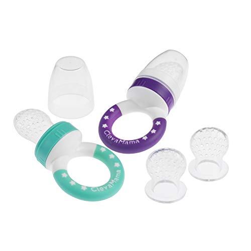 ClevaMama ClevaFeed Baby Fruit Feeder, Twin Pack of Pacifiers for Weaning and Teething with 2 Extra Silicone Teats (6 Months+) - 5 g