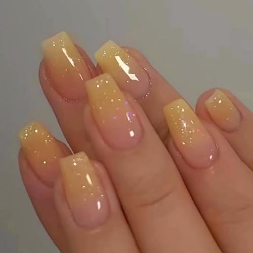 Bling Yellow Glitter Press on Nails Medium Square Fake Nails Coffin Ombre False Nails Yellow Pink Gradient Stick on Nails French tip Glue on Nails Glossy Acrylic Nails for Women Girls Manicure 24pcs…