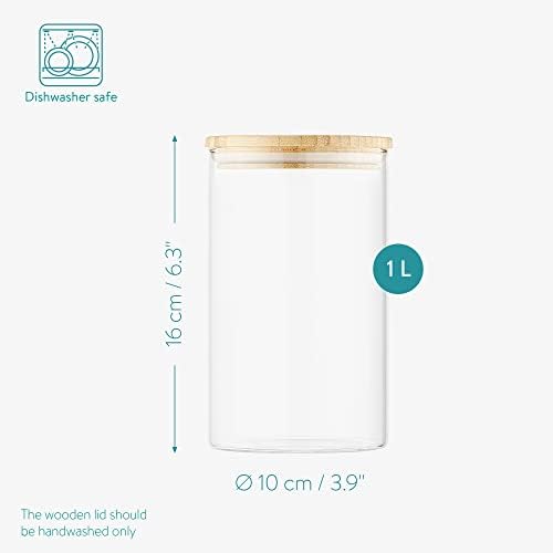 Navaris Glass Storage Jars 1L (Set of 3) - Airtight Food Containers with Wooden Bamboo Lids - Stackable Cylinder Canister Design for Kitchen Dry Goods