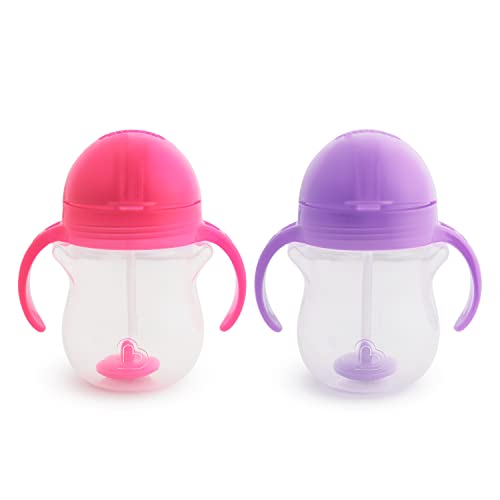 Munchkin Click Lock Tip & Sip Straw Cup Set, Baby & Toddler Sippy Cups with Straw, BPA Free Non Spill Cup, Dishwasher Safe Baby Cup, Weighted Straw Childrens Cups - 7oz/207ml, 2 Pack, Pink/Purple