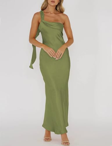 Image of 2026 Satin One Shoulder Maxi Dress for Women Summer Silk Formal Elegant Backless Ruffle Sleeveless Wedding Guest Dresses