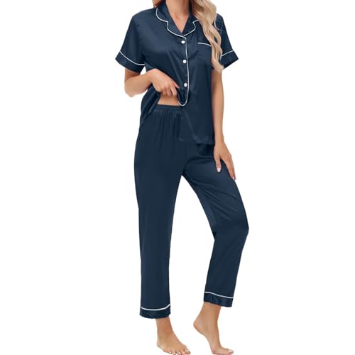 Exemaba Women Satin Pajamas Set Short Sleeve Top & Pant Sleepwear(Navy, M)