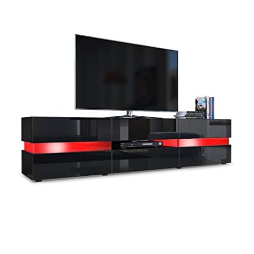 Meuble TV Armoire basse Flow en Noir mat / Noir laqué haute brillance avec éclairage LED