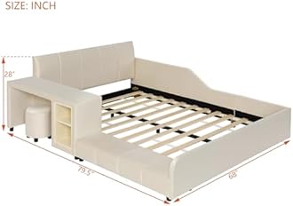 CJLMN Velvet Upholstered Grounded Platform Bed, Wooden Full Size Mother & Child Bed Frame with Bedside Desk and Little Round Stool, Kids Adults Bedroom Furniture Floor Bed Platform (Beige)