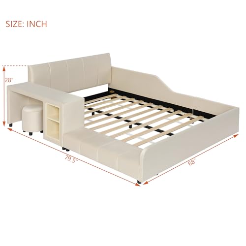CJLMN Velvet Upholstered Grounded Platform Bed, Wooden Full Size Mother & Child Bed Frame with Bedside Desk and Little Round Stool, Kids Adults Bedroom Furniture Floor Bed Platform (Beige)