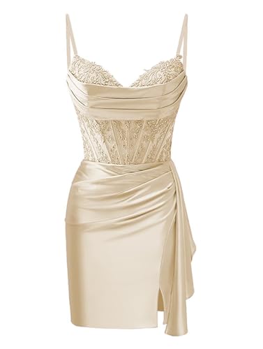 Miao Duo Spaghetti Strap Short Tight Homecoming Dresses 2025 Lace Satin Cocktail Party Dress with Wrap Train YZTS2724