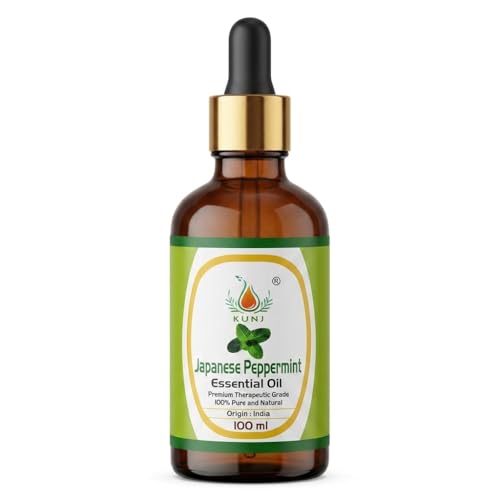 Image of KUNJ Japanese Peppermint Essential Oil 100ml - 100% Pure & Natural Undiluted Steam Distilled Oil for Hair Care, Scalp Massage, Aromatherapy, Diffuser, Skin Care & DIY Blends