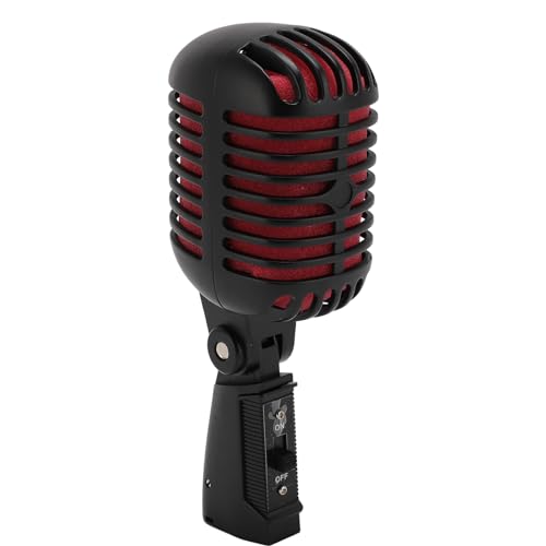 Vintage Microphone, Classic Retro Dynamic Vocal Microphone with Self Tensioning Swivel Rack, Metal Unidirectional Cardioid Mic for KTV (Black)
