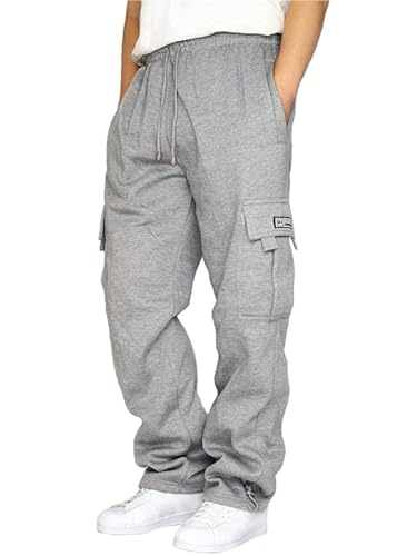 CEHT Men's Cargo Sweatpants Joggers Casual Pants with Pockets for Hiking Athletic Workout Light Grey
