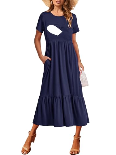Image of CzzzyL Women Nursing Short Sleeve Crew Neck Fall Dress Maternity Flowy Maxi Dresses Tiered Cocktail Dress with Pockets