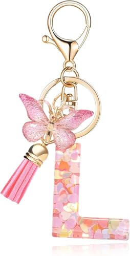 Image of GEOCARTER Lightweight Fashion Initial Letter Key Ring with Butterfly Pendant & Tassel, Stylish Purse Charm for Handbags, Car Keys, Gifts for Girls & Women