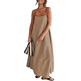Senllen Women's Linen Dress Summer Loose Flowy Sundress Contrast Spaghetti Strap Sleeveless Backless Beach Maxi Long Dresses Deep Apricot