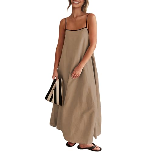 Image of Senllen Women's Linen Dress Summer Loose Flowy Sundress Contrast Spaghetti Strap Sleeveless Backless Beach Maxi Long Dresses