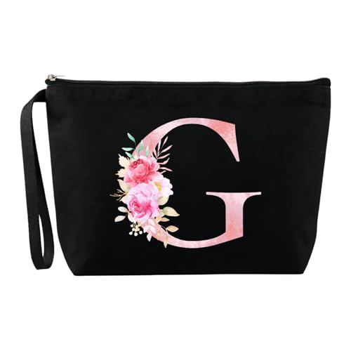 Blisswave Pochette Personalizzata dalla A alla Z, Regali per Donna, Mamme e Amica, Regali di Natale e Compleanno, Elegante e Carina Beauty Case da Viaggio con Iniziale Nome Floreale Rosa (Nero)