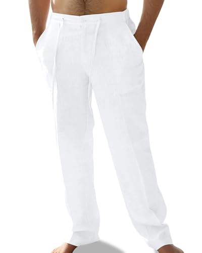 Mens Linen Pants Elastic Waist Summer Pants Relaxed Fit Lightweight Yoga Beach Casual Pants with Pockets