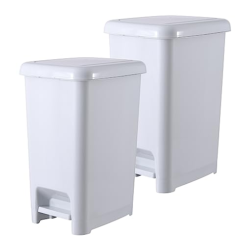 Superio Slim Step-On Trash Can with Lid, Plastic Garbage Bin with Foot Pedal for Bathroom, Bedroom, Kitchen, Office, RV, Patio, or Dorm, White Smoke