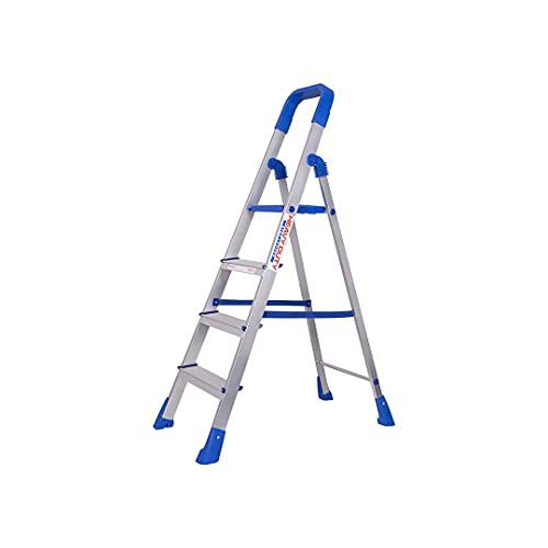 Image of Dynamo - Foldable Aluminium Step Ladder, Safety Clutch Lock, Anti Slip Steps, Knee Guard, Anti Skid PVC Shoes, 4 Steps (Aluminium, Steel, Blue)