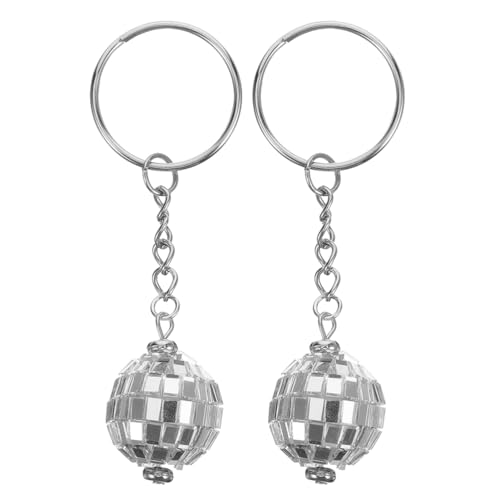LOGOFUN 2pcs Mini 70s Disco Ball Hanging Keychain Tiny Mirror Disco Ball Keyrings Small Silver Disco Ball Key Chain Hanging Ornament for DIY Crafts Bags Purse Key Accessories - 20MM